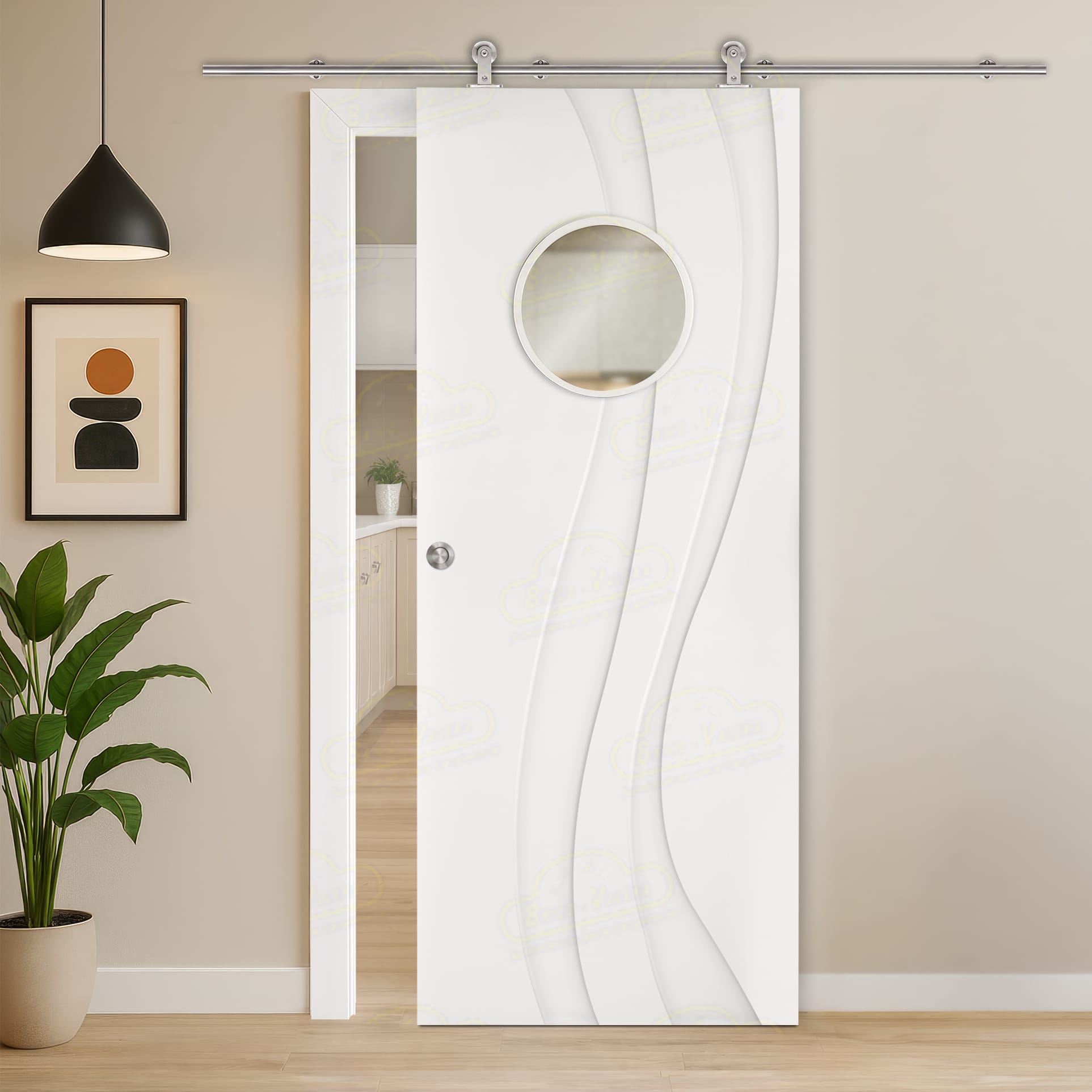 Puerta Corredera Ramblas-OJO-DE-BUEY de Interior Lacada Blanca