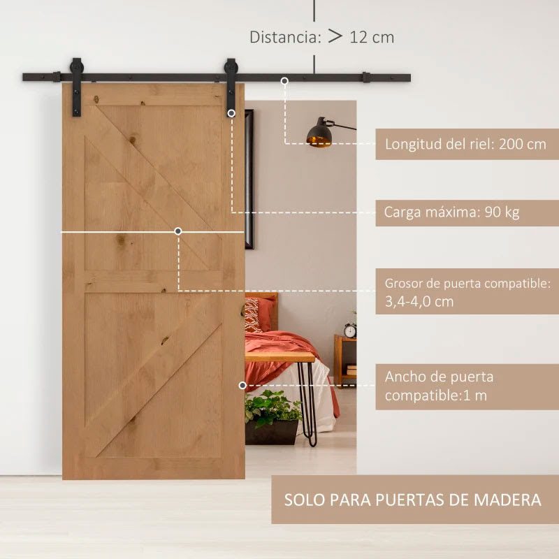 Herraje Puerta Corredera 200 cm Kit de Riel Adecuado para 1 Puerta Granja de Madera de 100 cm de Ancho Acero de Carbono Carga Máx. 90 kg